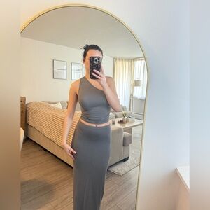 Pull&Bear jersey asymmetric top & maxi skirt co-ord in dark grey

Both size S